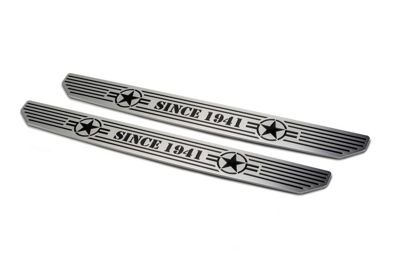 DV8 Offroad Door Sill Plates for 2018-2025 Wrangler JL and 2020-2025 Gladiator JT | Front Pair | Embossed with Since 1941" | Billet Aluminum Construction - Image 1